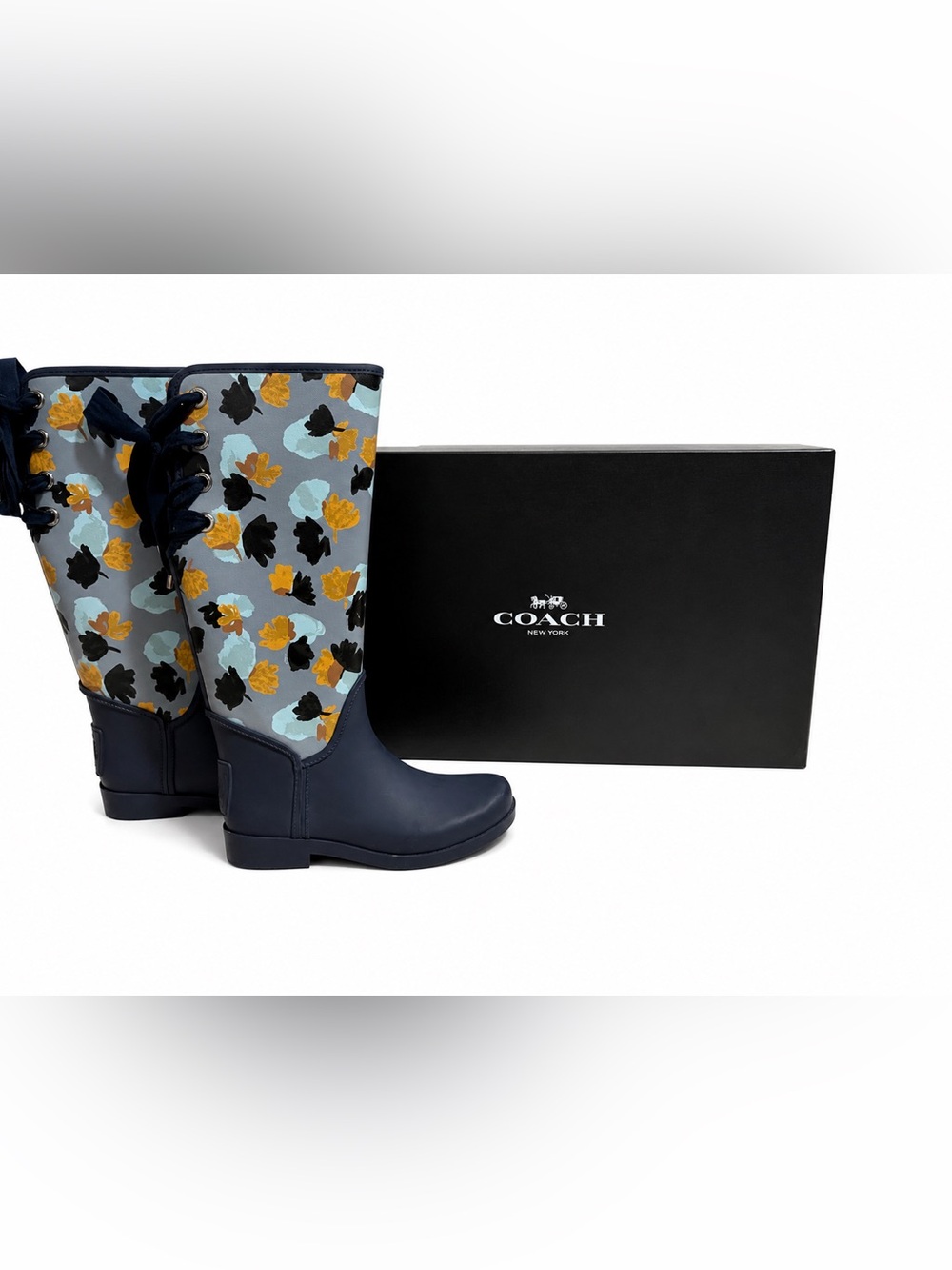 Coach Tristee Floral Tall Rainboots Navy Cornflower Size 7 w/ Box